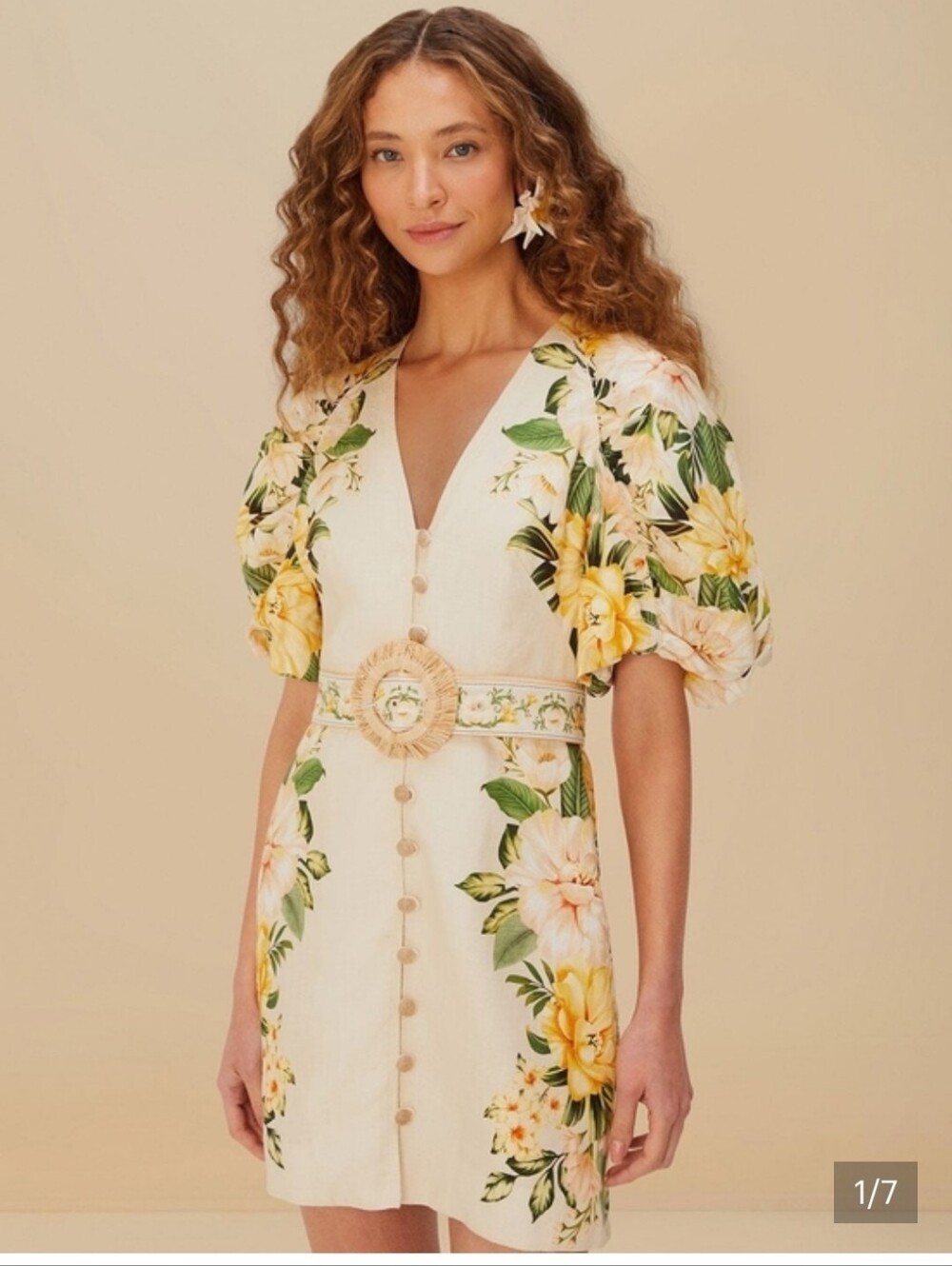 FARM Rio Sand Floral Puff-Sleeve Mini Dress with Belt, 100% Linen